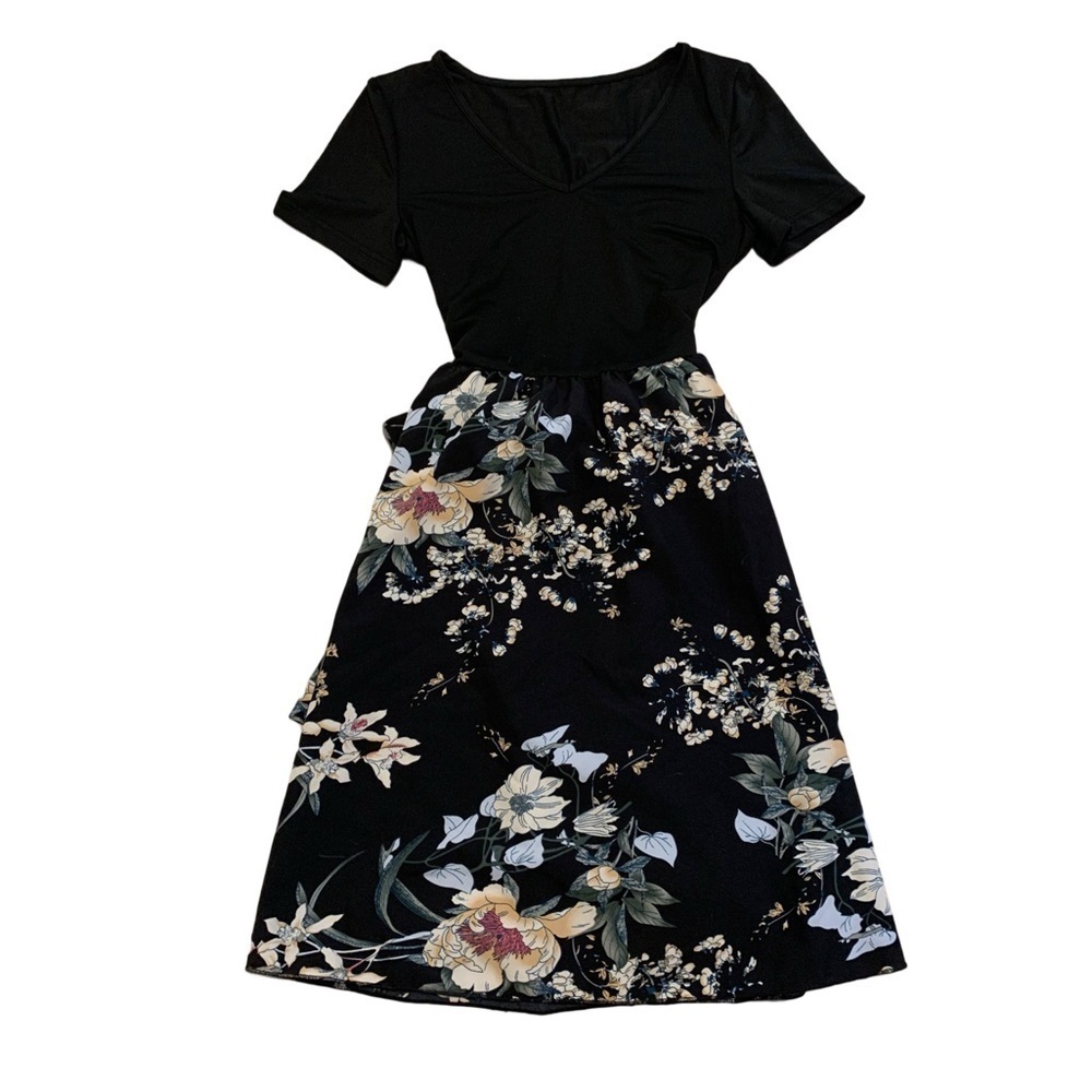 Elegant Joress Black & Floral Midi Dress with Tie Waist - Size S